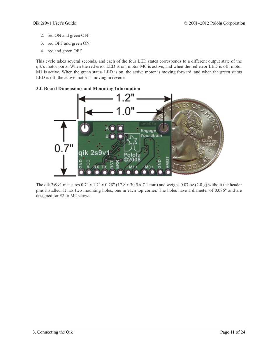 F. board dimensions and mounting information | Pololu Qik 2s9v1 User Manual | Page 11 / 24