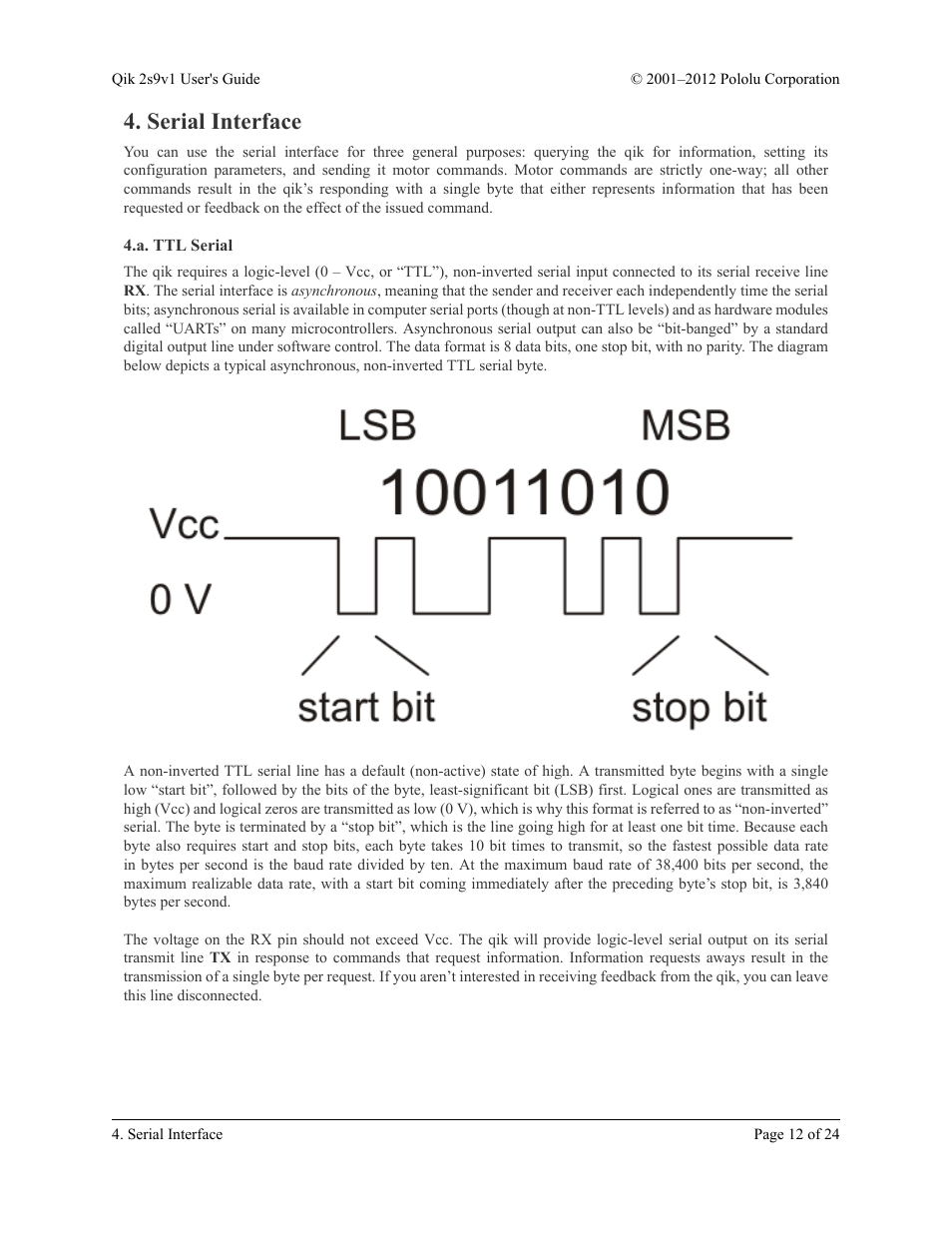 Serial interface, A. ttl serial | Pololu Qik 2s9v1 User Manual | Page 12 / 24