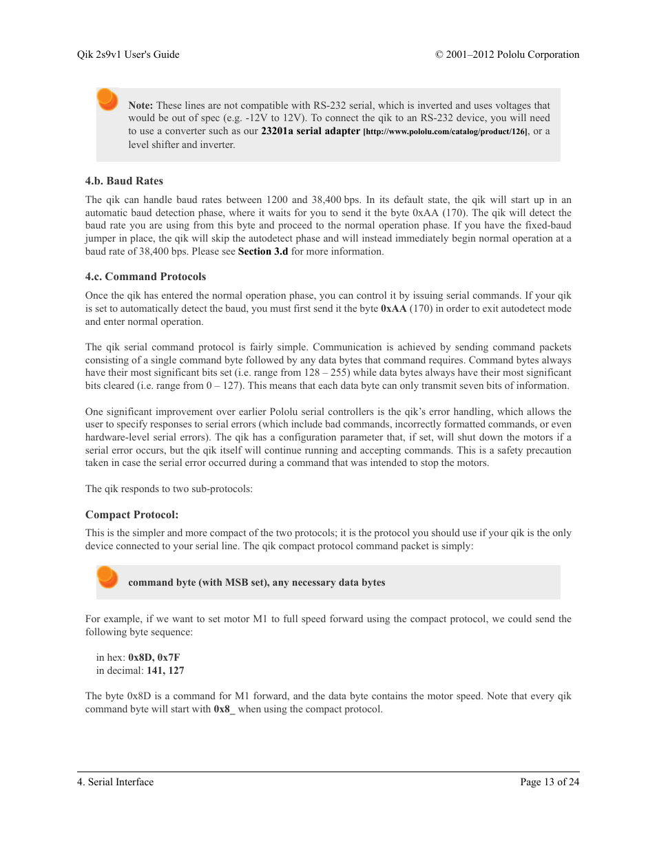 B. baud rates, C. command protocols, Compact protocol | B. baud rates 4.c. command protocols | Pololu Qik 2s9v1 User Manual | Page 13 / 24