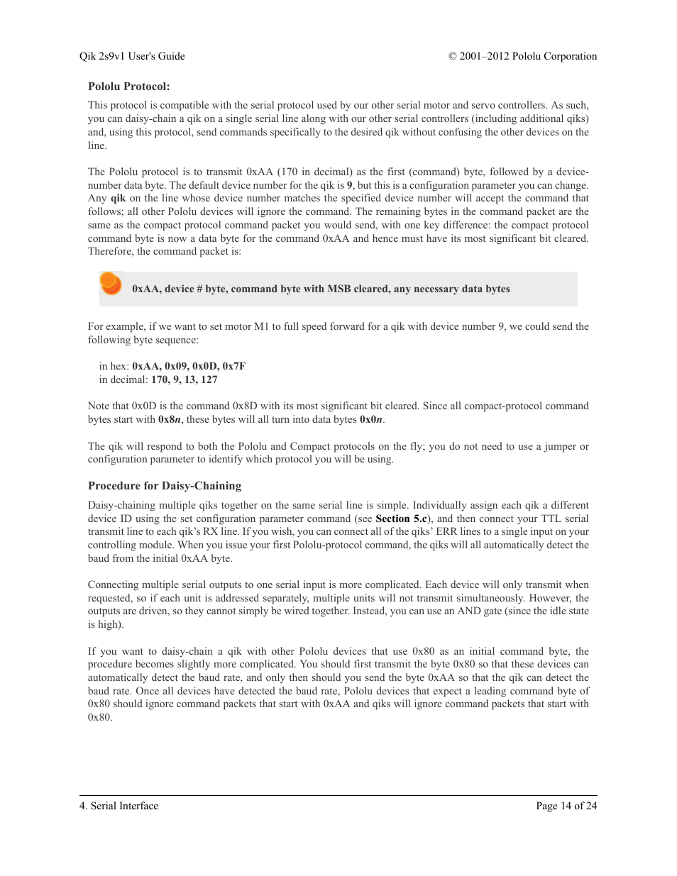 Pololu protocol, Procedure for daisy-chaining | Pololu Qik 2s9v1 User Manual | Page 14 / 24
