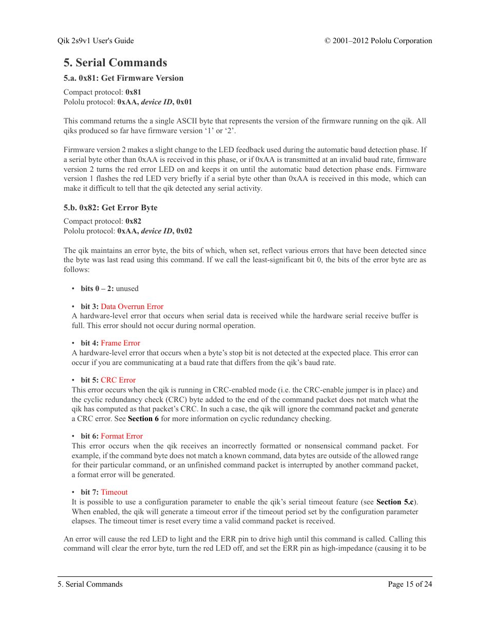 Serial commands, A. 0x81: get firmware version, B. 0x82: get error byte | Pololu Qik 2s9v1 User Manual | Page 15 / 24