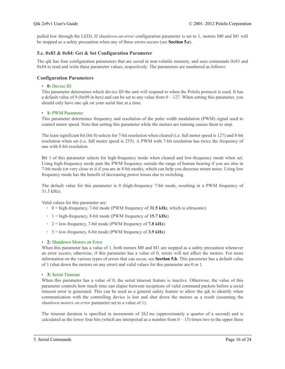 C. 0x83 & 0x84: get & set configuration parameter, Configuration parameters | Pololu Qik 2s9v1 User Manual | Page 16 / 24