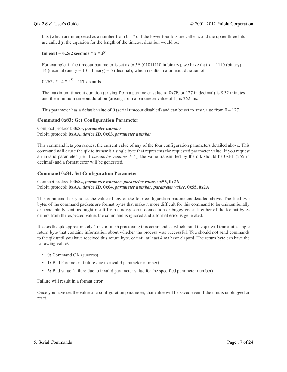 Command 0x83: get configuration parameter, Command 0x84: set configuration parameter | Pololu Qik 2s9v1 User Manual | Page 17 / 24