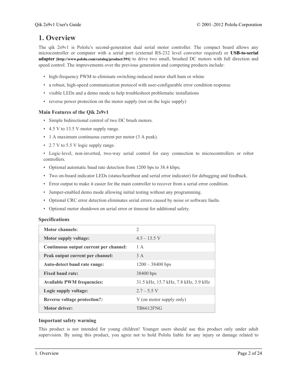 Overview, Main features of the qik 2s9v1, Specifications | Important safety warning | Pololu Qik 2s9v1 User Manual | Page 2 / 24