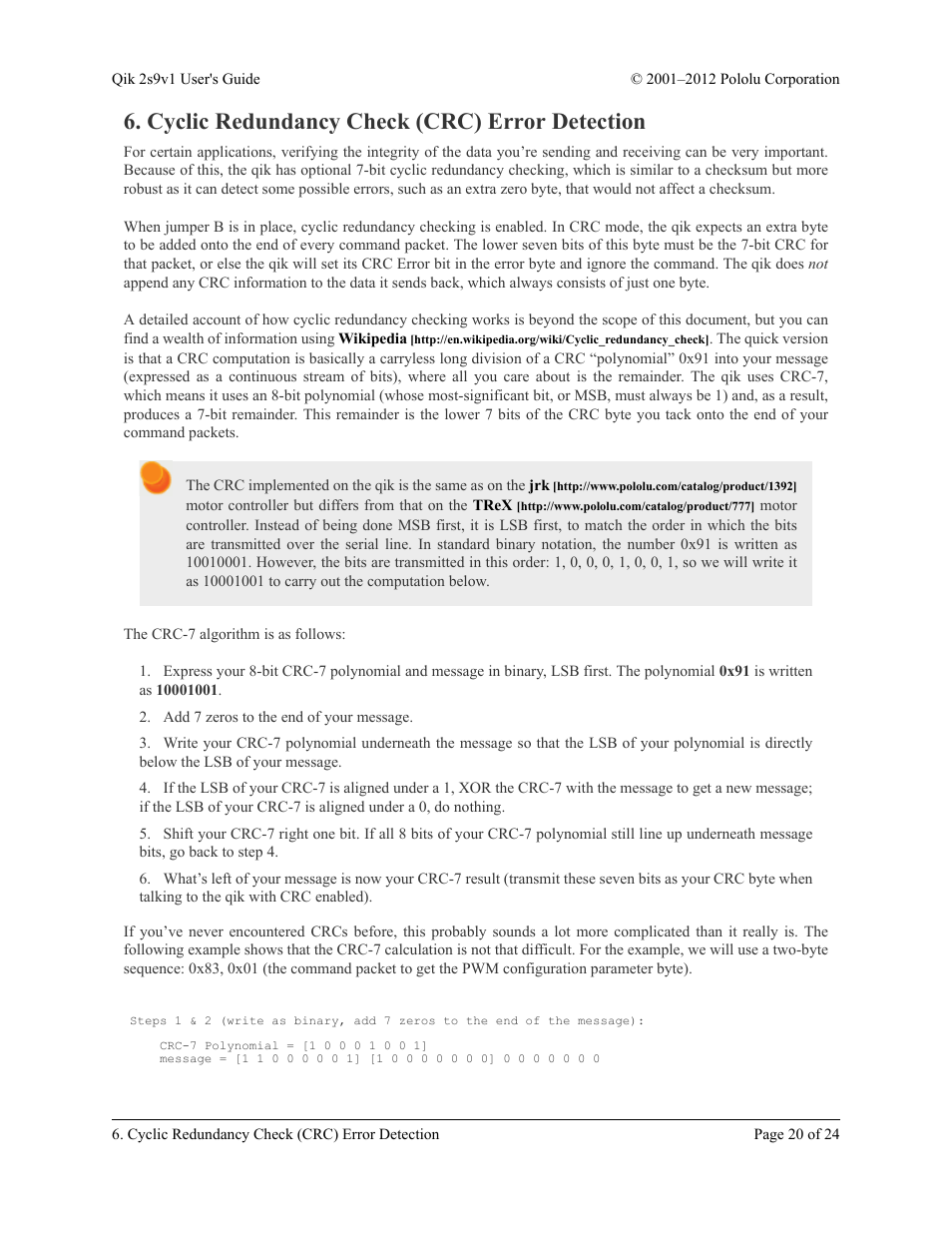Cyclic redundancy check (crc) error detection | Pololu Qik 2s9v1 User Manual | Page 20 / 24