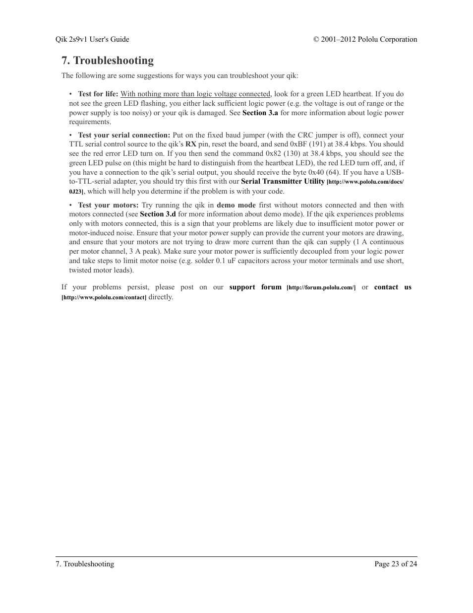 Troubleshooting | Pololu Qik 2s9v1 User Manual | Page 23 / 24
