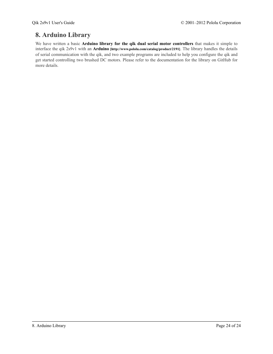 Arduino library | Pololu Qik 2s9v1 User Manual | Page 24 / 24