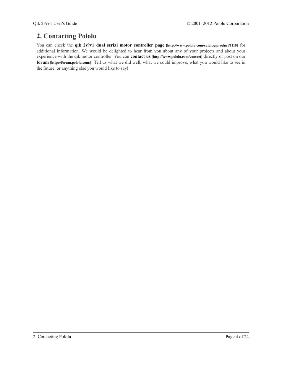 Contacting pololu | Pololu Qik 2s9v1 User Manual | Page 4 / 24