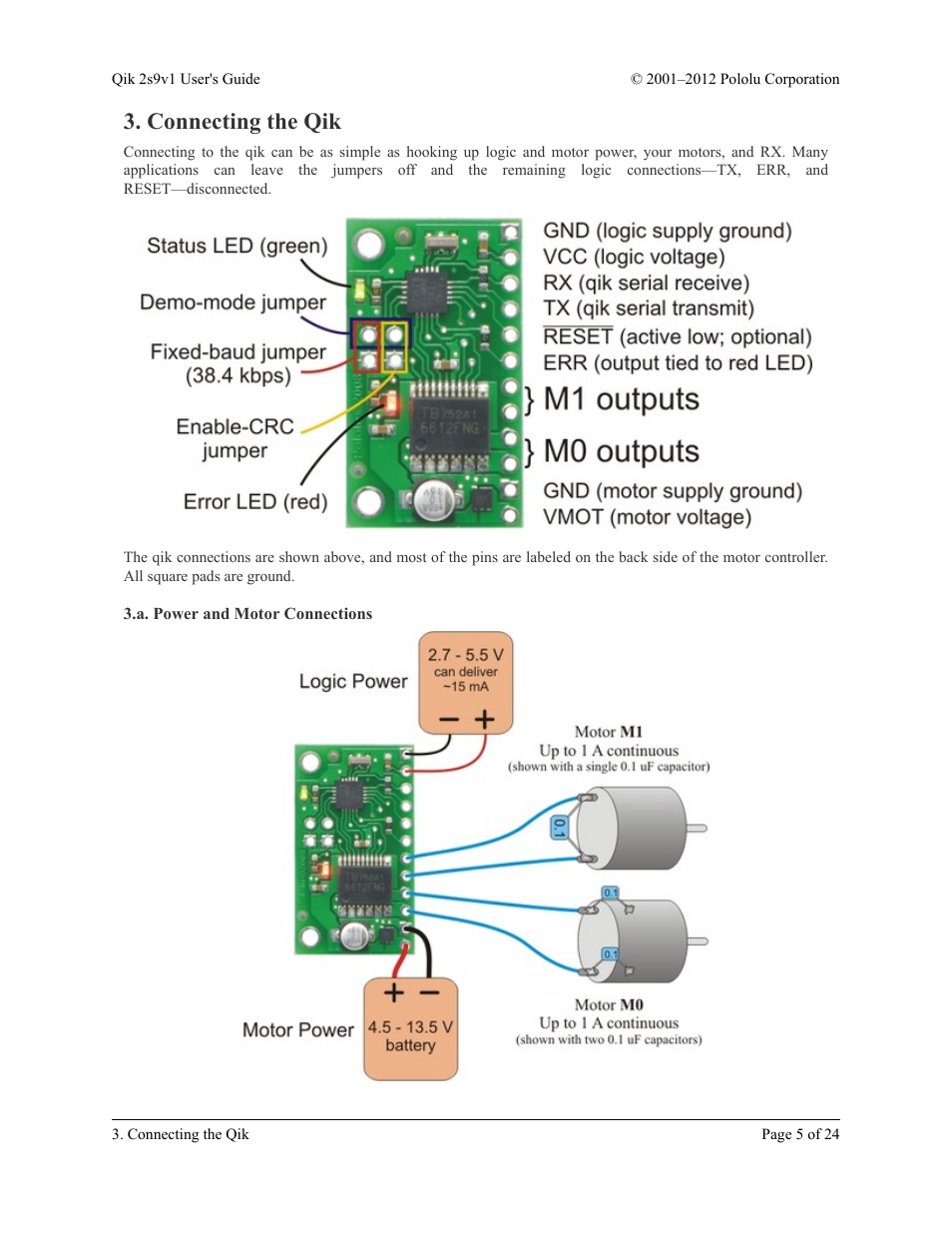 Connecting the qik, A. power and motor connections | Pololu Qik 2s9v1 User Manual | Page 5 / 24