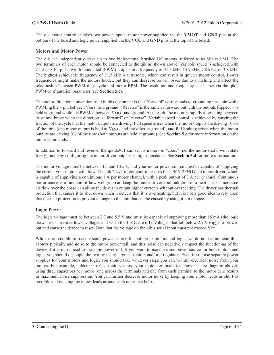 Motors and motor power, Logic power | Pololu Qik 2s9v1 User Manual | Page 6 / 24