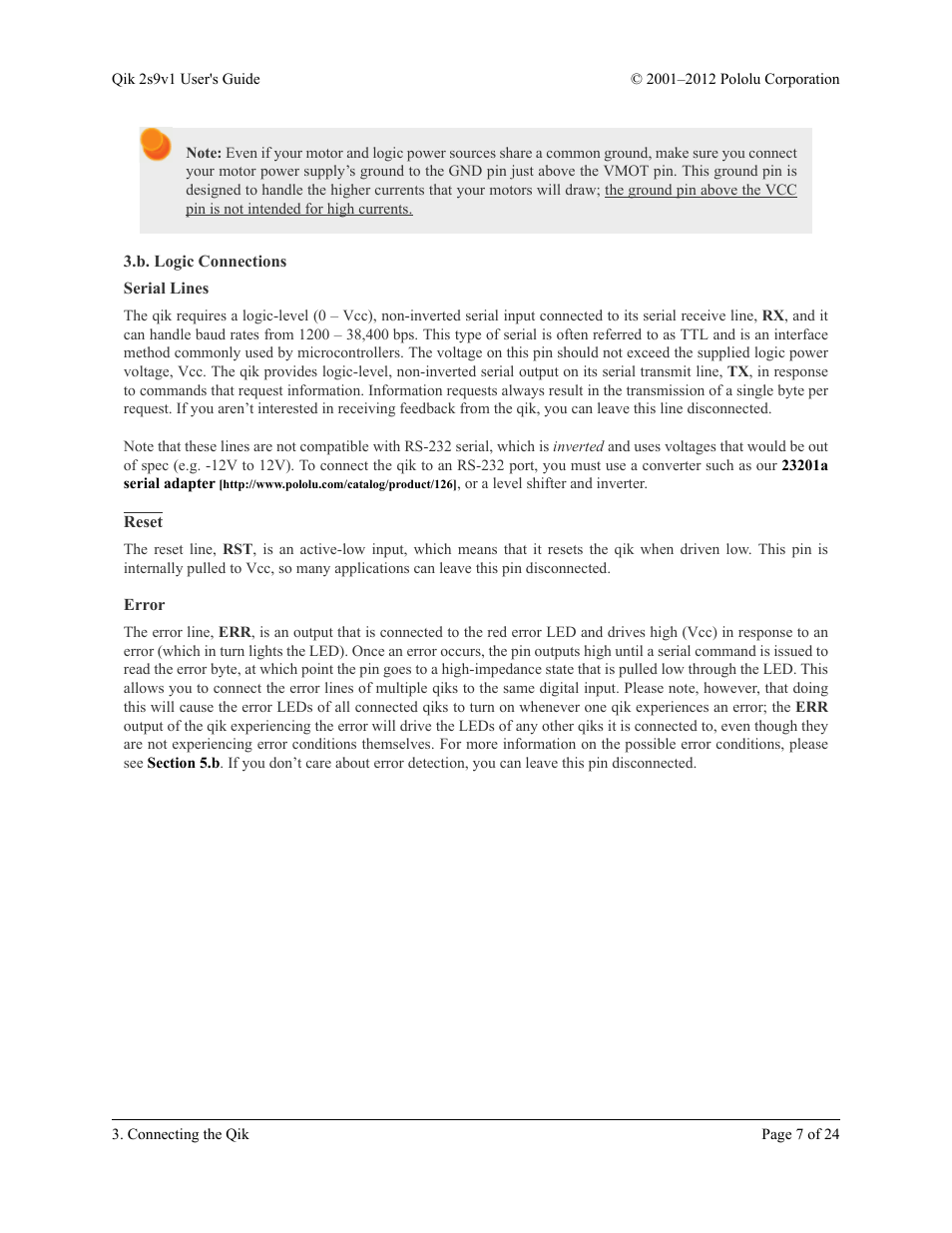B. logic connections, Serial lines, Reset | Error | Pololu Qik 2s9v1 User Manual | Page 7 / 24
