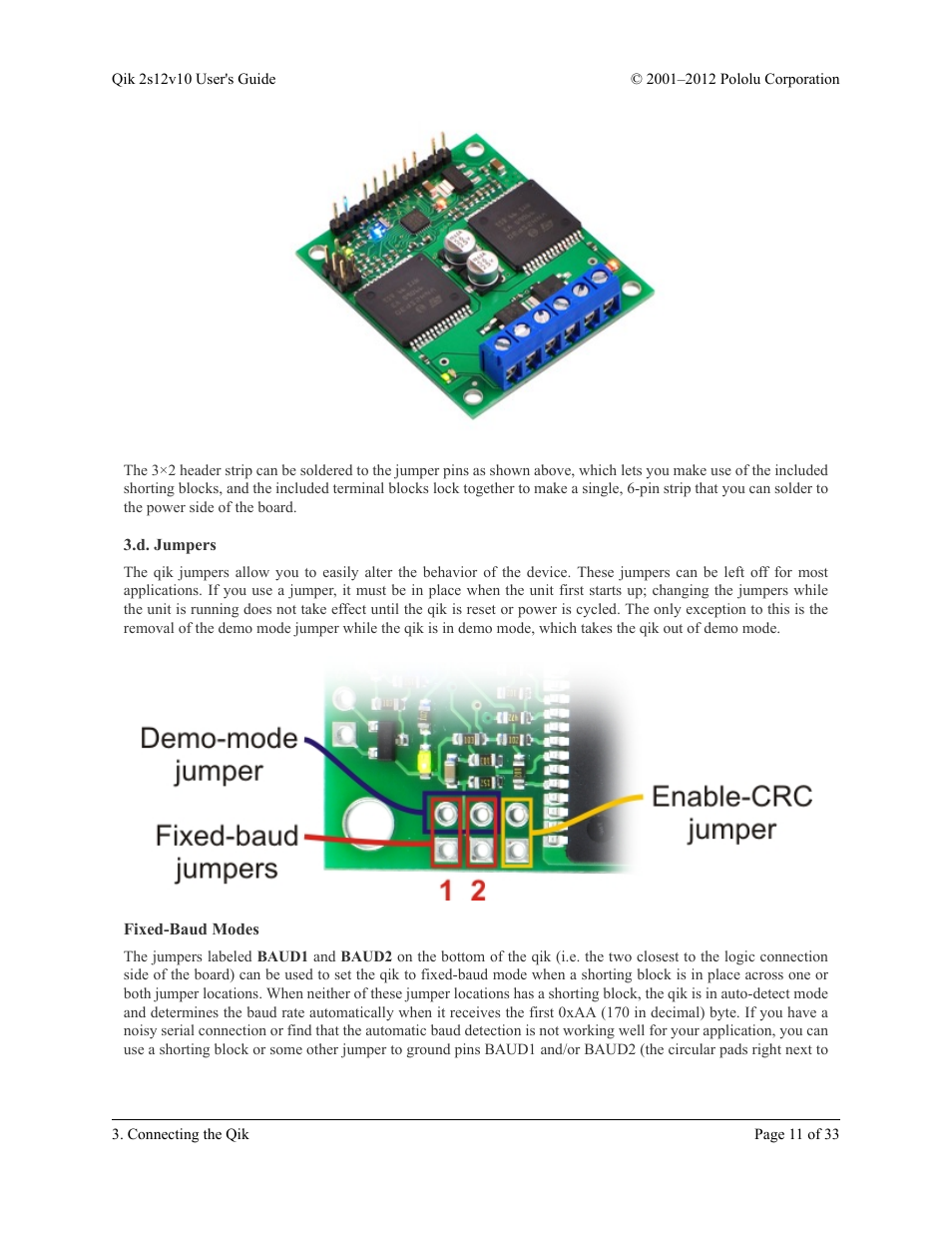 D. jumpers, Fixed-baud modes | Pololu Qik 2s12v10 User Manual | Page 11 / 33
