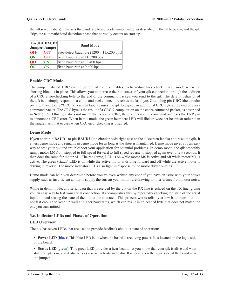 Enable-crc mode, Demo mode, E. indicator leds and phases of operation | Led overview | Pololu Qik 2s12v10 User Manual | Page 12 / 33