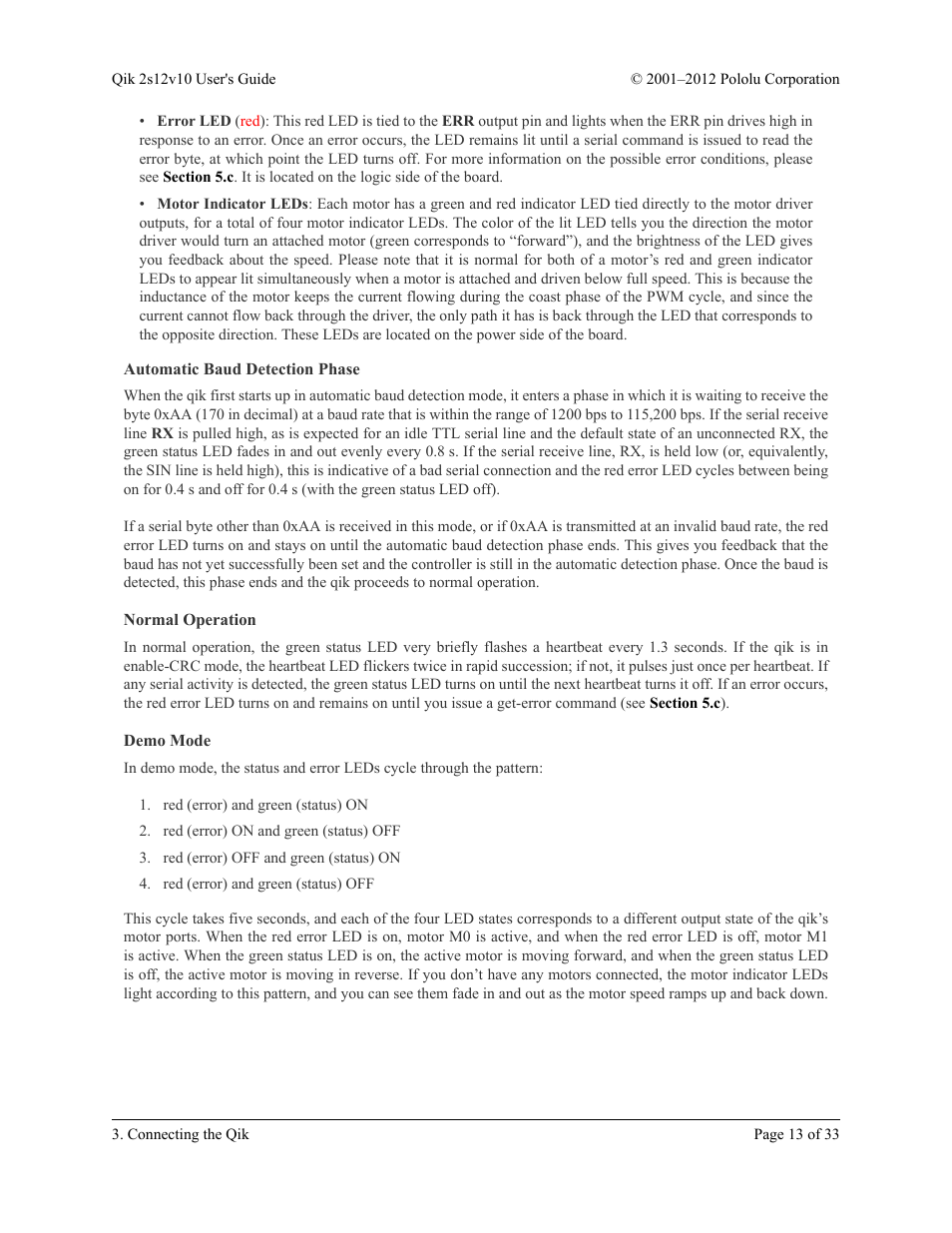 Automatic baud detection phase, Normal operation, Demo mode | Pololu Qik 2s12v10 User Manual | Page 13 / 33
