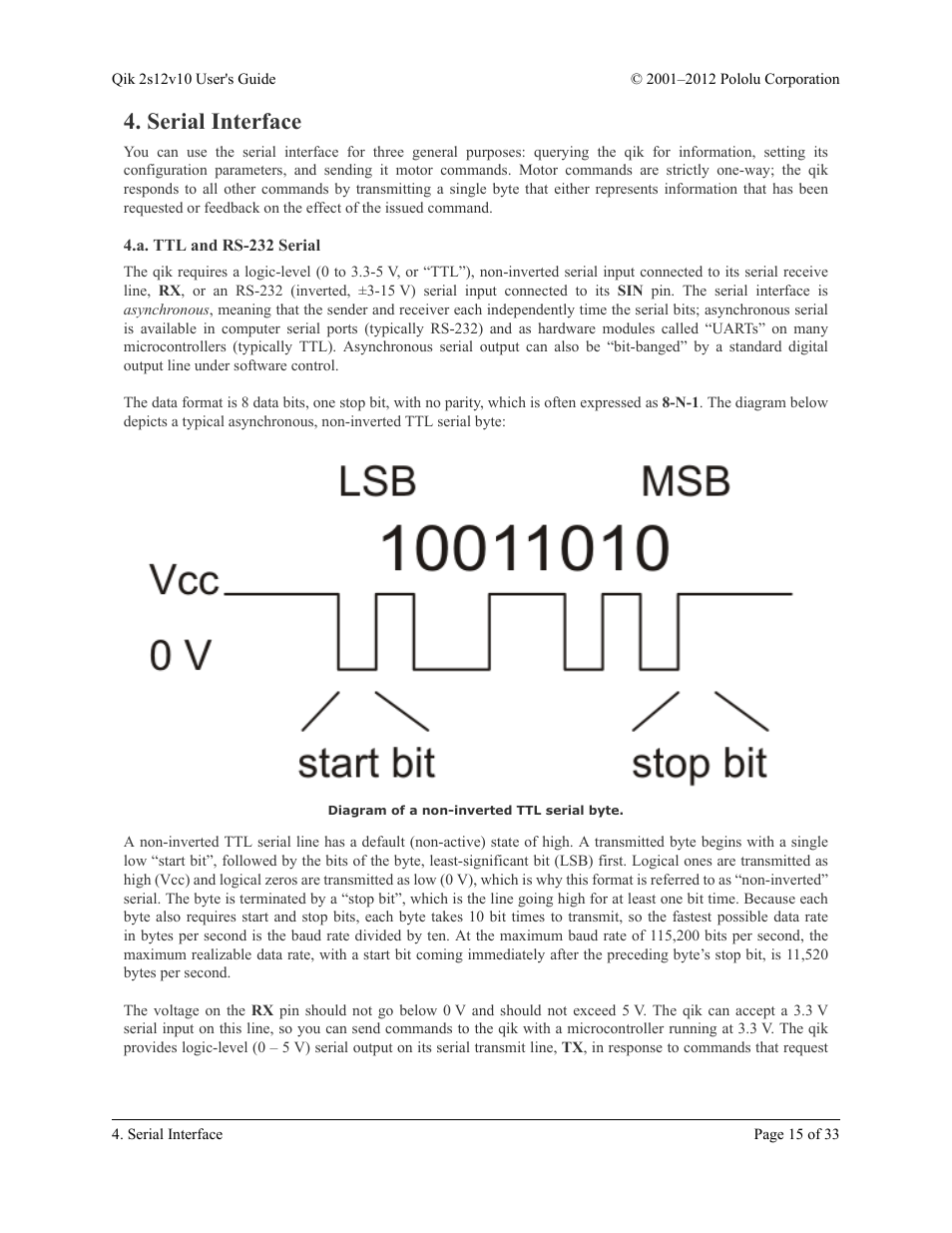 Serial interface, A. ttl and rs-232 serial | Pololu Qik 2s12v10 User Manual | Page 15 / 33