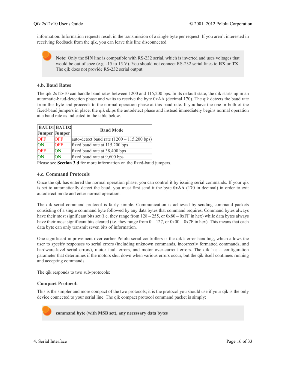 B. baud rates, C. command protocols, Compact protocol | B. baud rates 4.c. command protocols | Pololu Qik 2s12v10 User Manual | Page 16 / 33