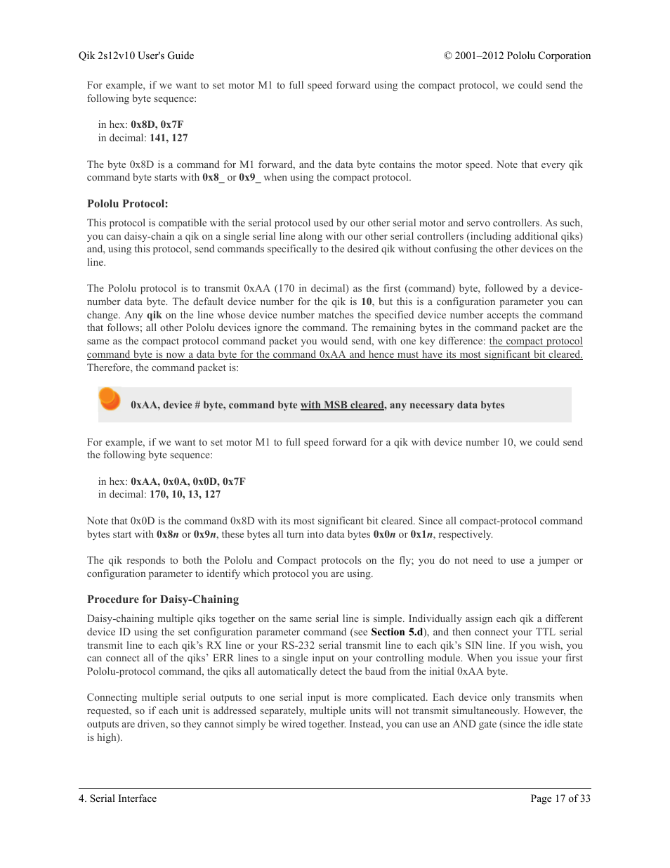 Pololu protocol, Procedure for daisy-chaining | Pololu Qik 2s12v10 User Manual | Page 17 / 33