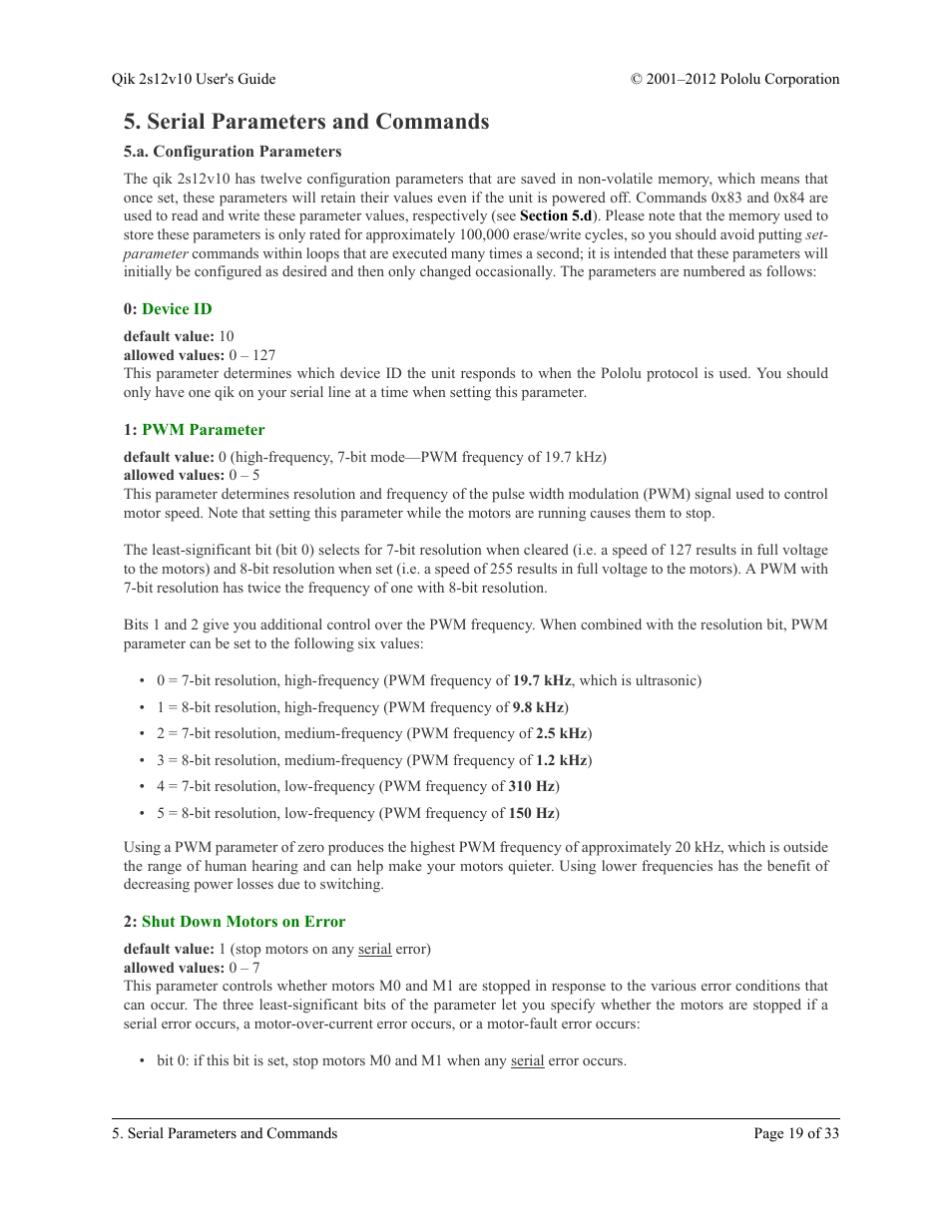 Serial parameters and commands, A. configuration parameters, Device id | Pwm parameter, Shut down motors on error, Section 5.a | Pololu Qik 2s12v10 User Manual | Page 19 / 33