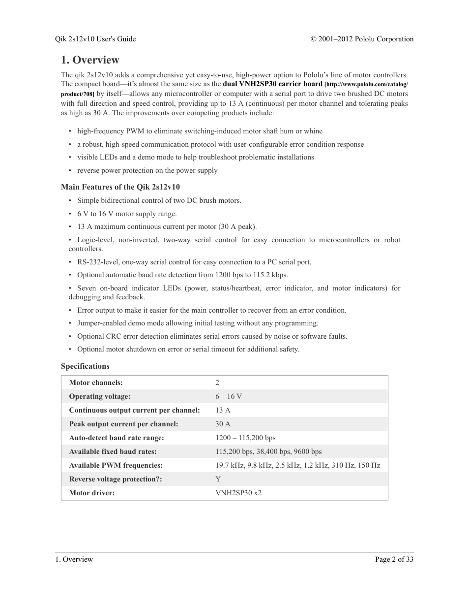 Overview, Main features of the qik 2s12v10, Specifications | Pololu Qik 2s12v10 User Manual | Page 2 / 33