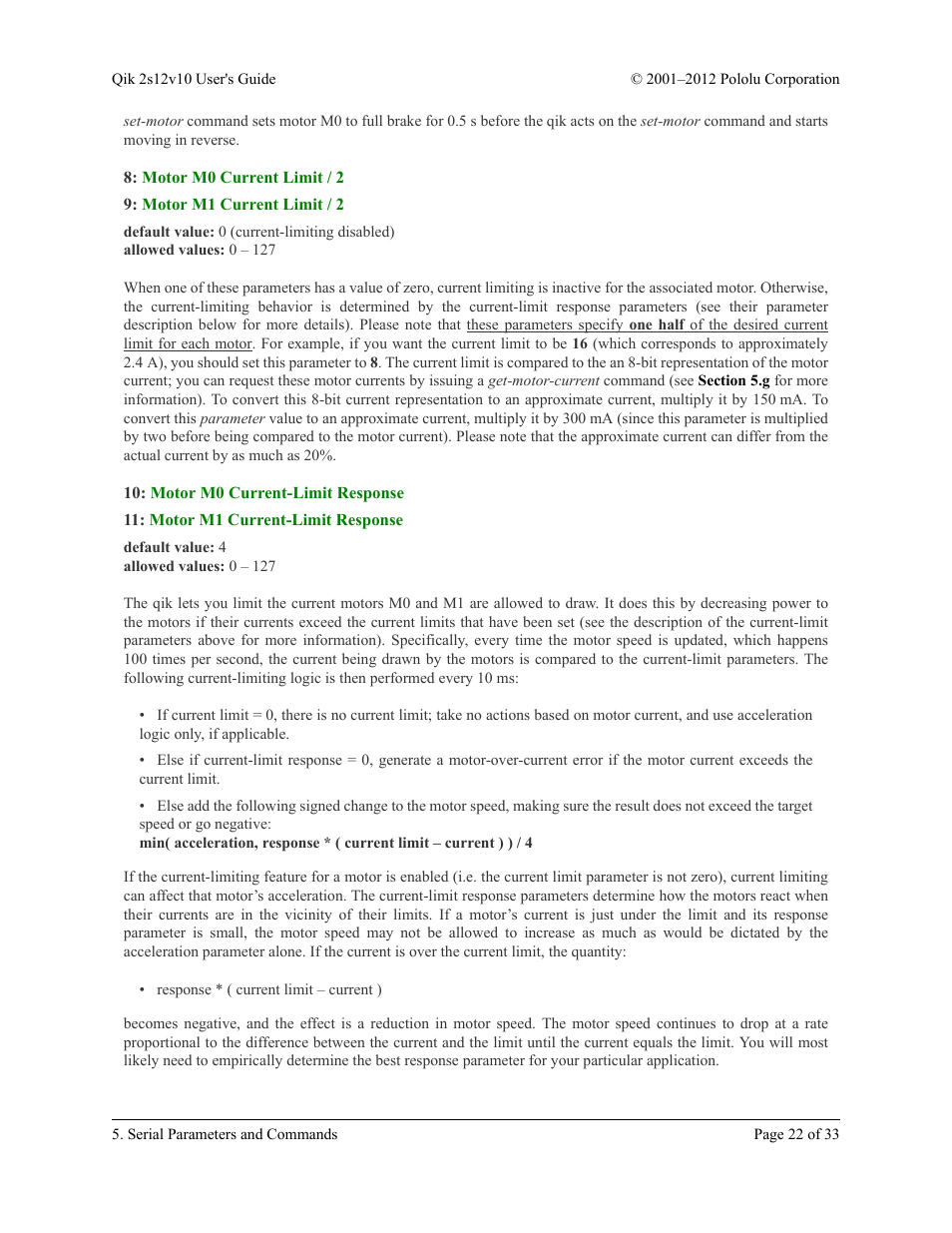 Motor m0 current limit / 2, Motor m1 current limit / 2, Motor m0 current-limit response | Motor m1 current-limit response | Pololu Qik 2s12v10 User Manual | Page 22 / 33