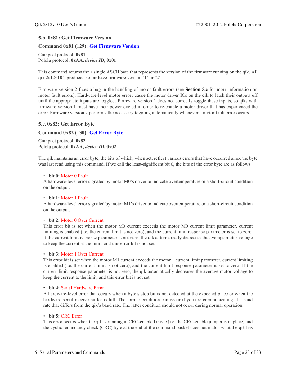 B. 0x81: get firmware version, Command 0x81 (129): get firmware version, C. 0x82: get error byte | Command 0x82 (130): get error byte | Pololu Qik 2s12v10 User Manual | Page 23 / 33