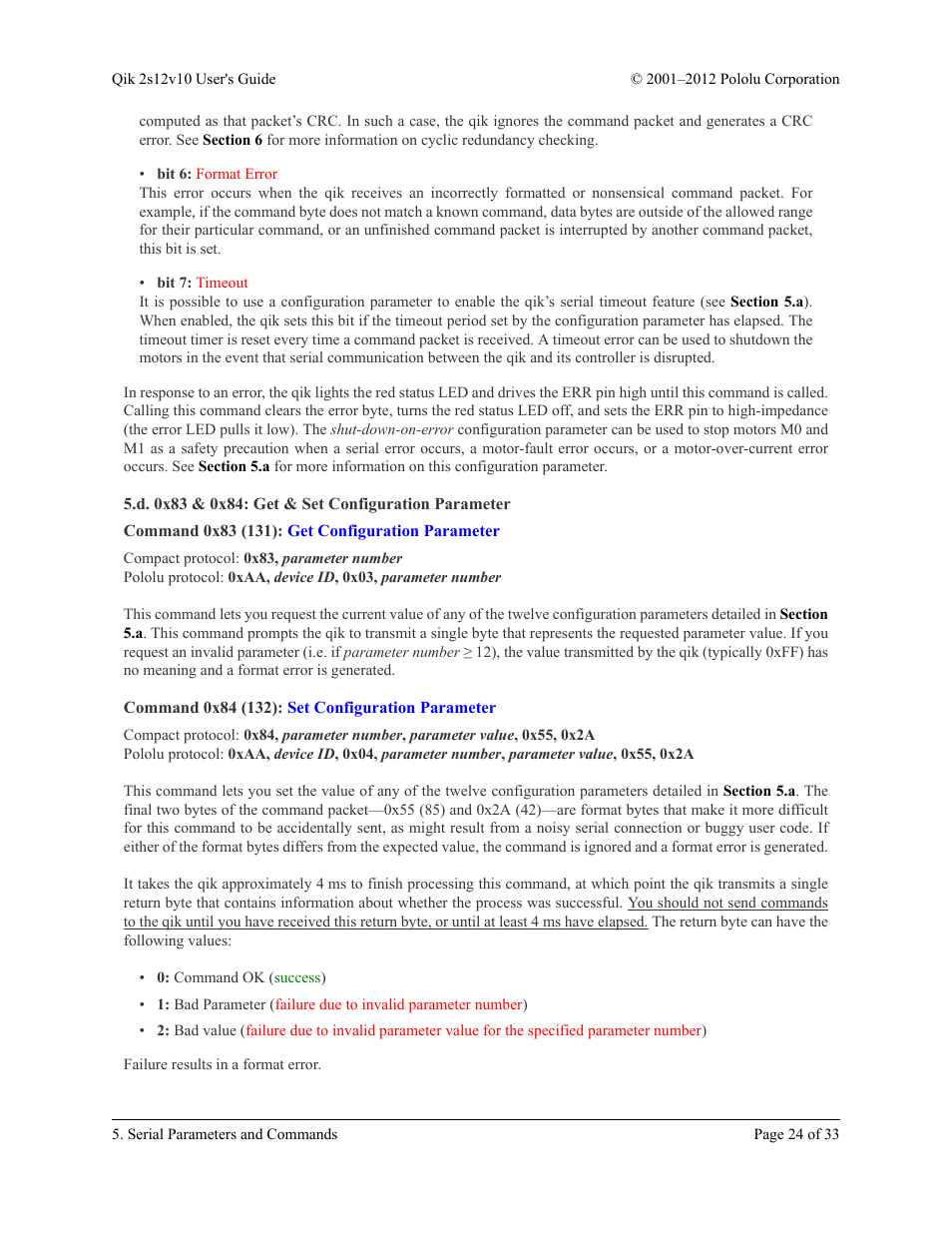 D. 0x83 & 0x84: get & set configuration parameter, Command 0x83 (131): get configuration parameter, Command 0x84 (132): set configuration parameter | Pololu Qik 2s12v10 User Manual | Page 24 / 33