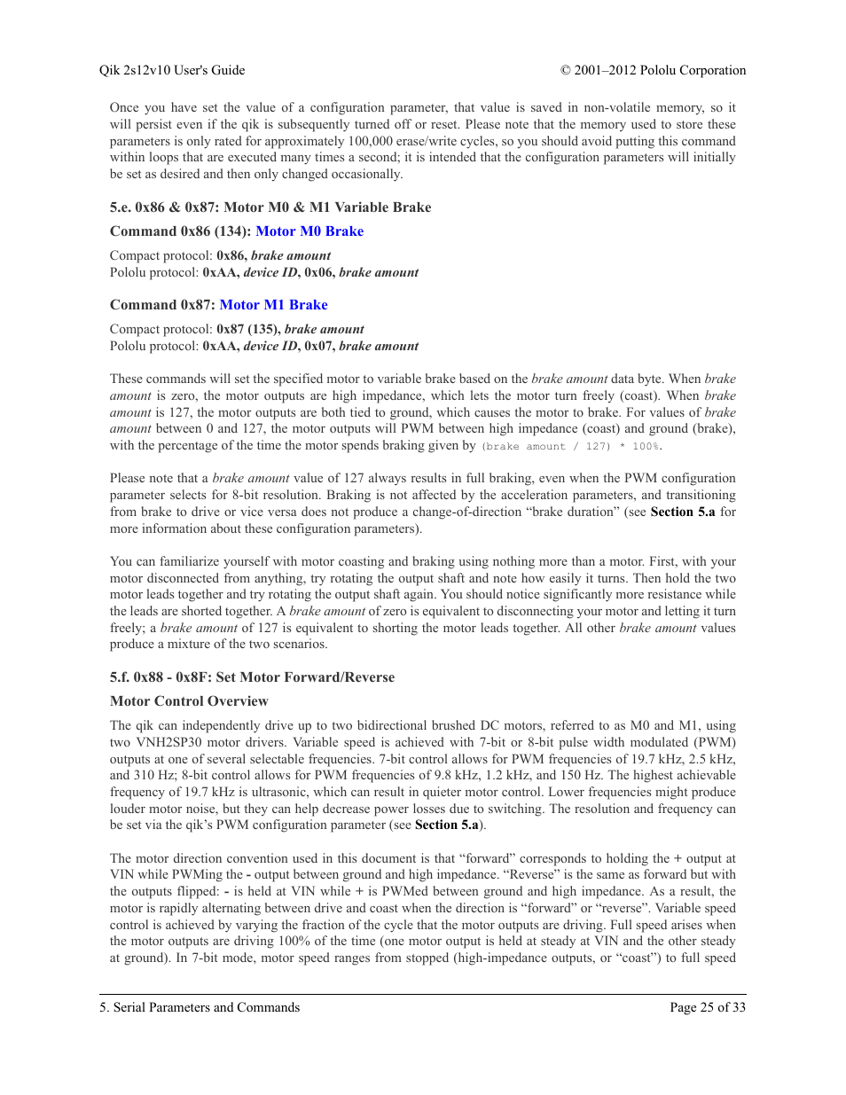 E. 0x86 & 0x87: motor m0 & m1 variable brake, Command 0x86 (134): motor m0 brake, Command 0x87: motor m1 brake | F. 0x88 - 0x8f: set motor forward/reverse, Motor control overview, Section 5.f, Section 5.e | Pololu Qik 2s12v10 User Manual | Page 25 / 33