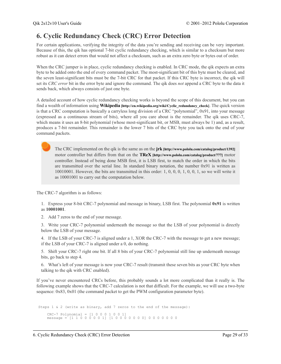 Cyclic redundancy check (crc) error detection, Section 6 | Pololu Qik 2s12v10 User Manual | Page 29 / 33