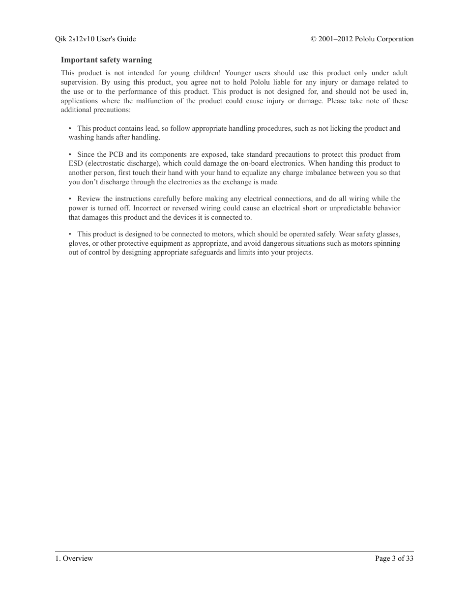 Important safety warning | Pololu Qik 2s12v10 User Manual | Page 3 / 33