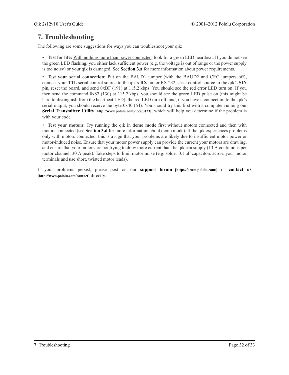 Troubleshooting | Pololu Qik 2s12v10 User Manual | Page 32 / 33