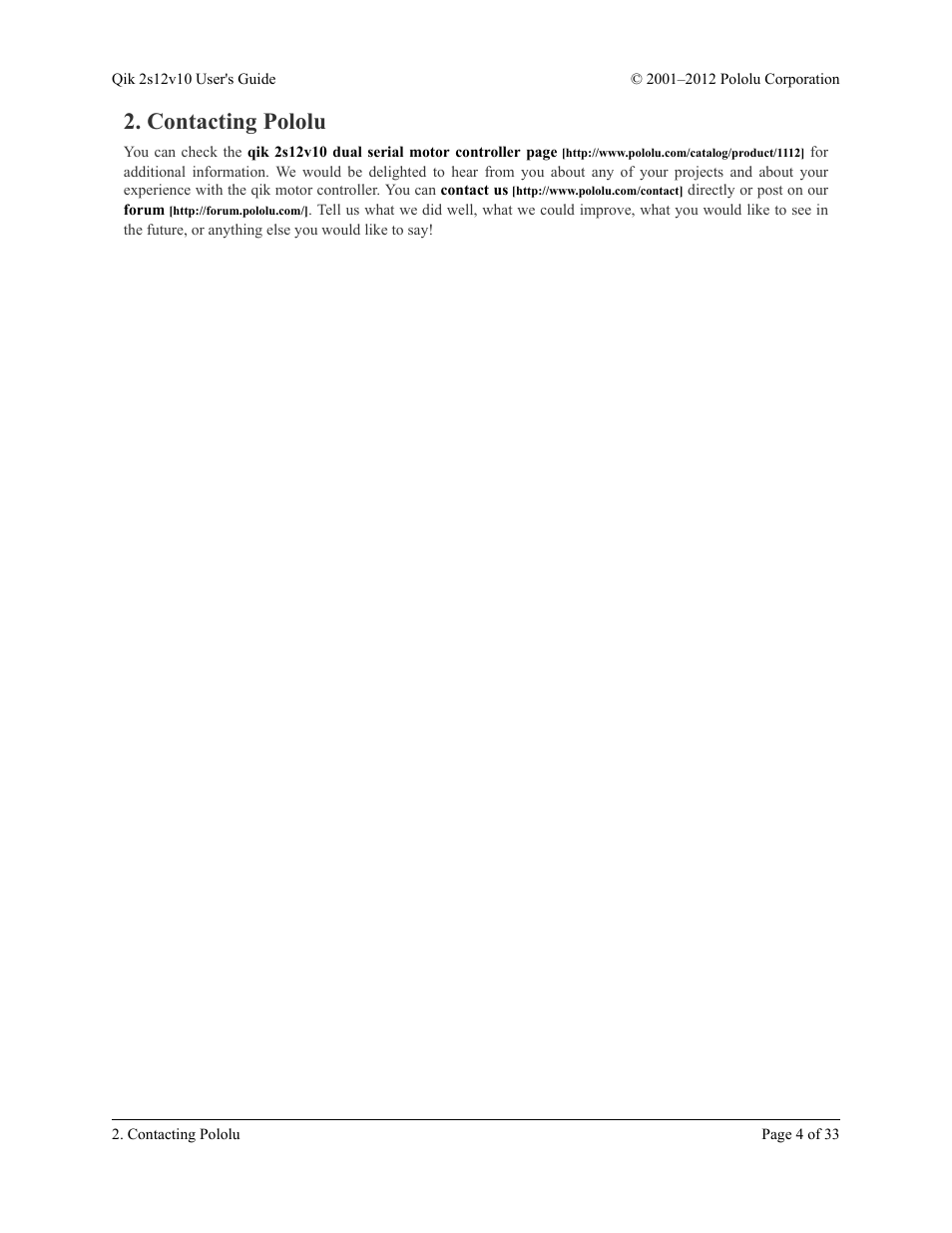 Contacting pololu | Pololu Qik 2s12v10 User Manual | Page 4 / 33