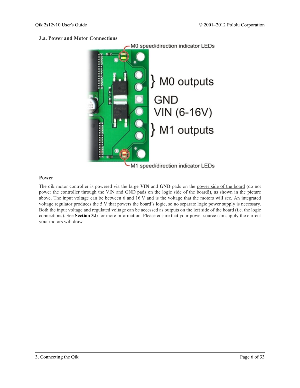 A. power and motor connections, Power | Pololu Qik 2s12v10 User Manual | Page 6 / 33