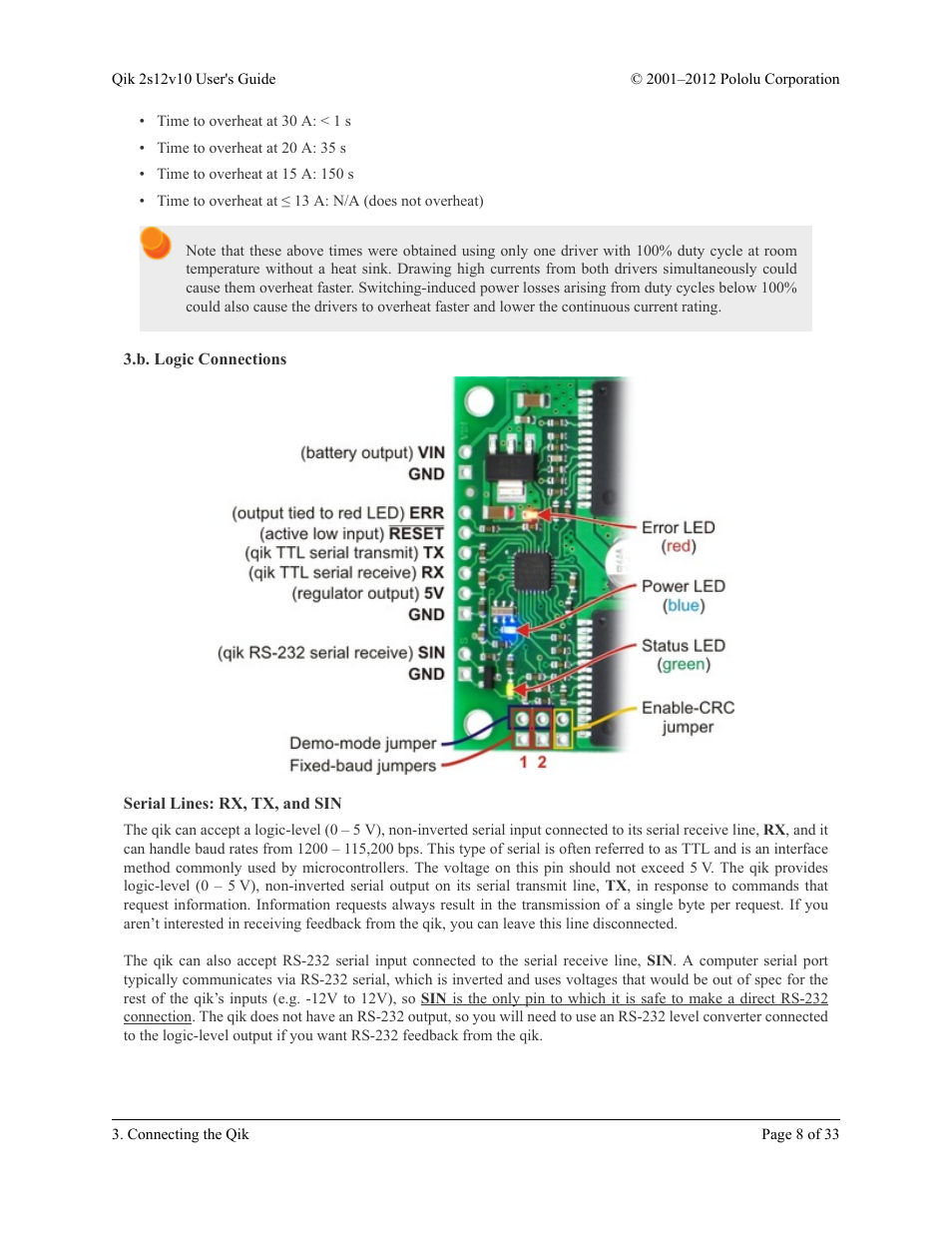 B. logic connections, Serial lines: rx, tx, and sin | Pololu Qik 2s12v10 User Manual | Page 8 / 33
