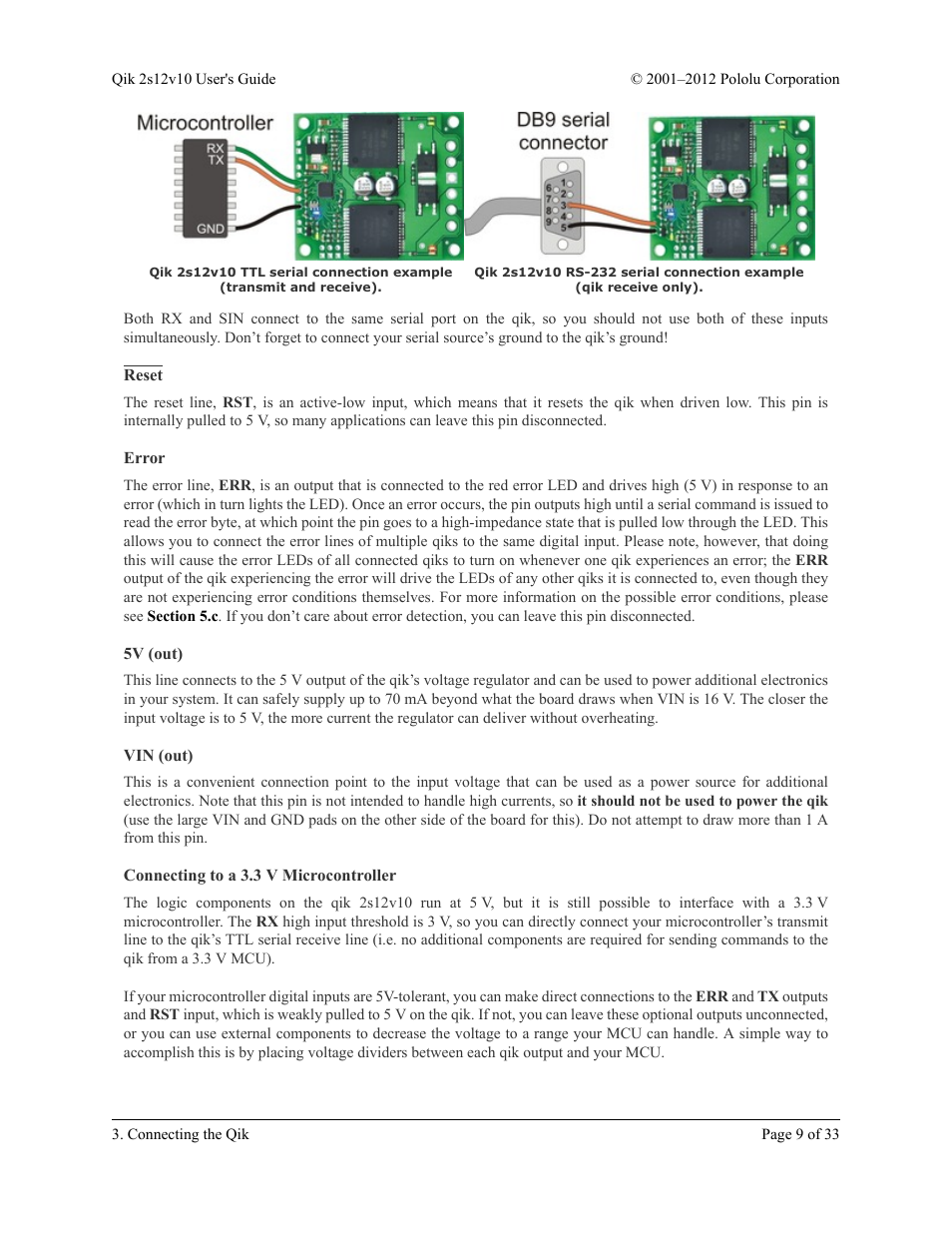 Reset, Error, 5v (out) | Vin (out), Connecting to a 3.3 v microcontroller | Pololu Qik 2s12v10 User Manual | Page 9 / 33