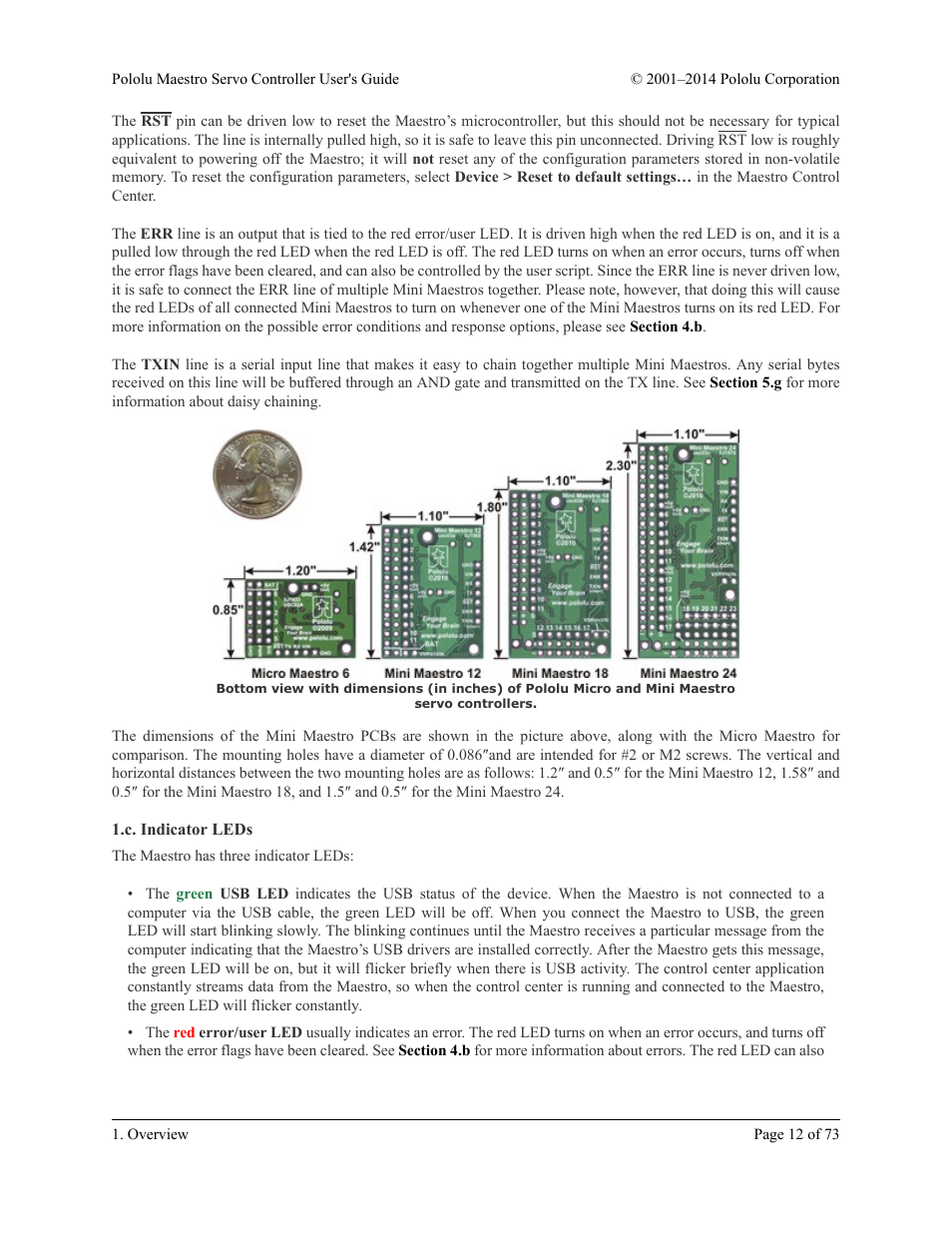 C. indicator leds | Pololu Maestro User Manual | Page 12 / 73
