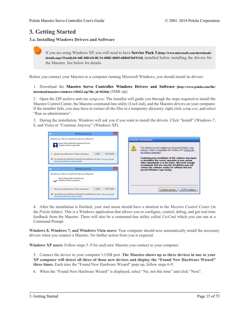 Getting started, A. installing windows drivers and software | Pololu Maestro User Manual | Page 15 / 73