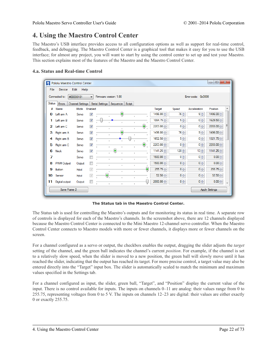 Using the maestro control center, A. status and real-time control | Pololu Maestro User Manual | Page 22 / 73