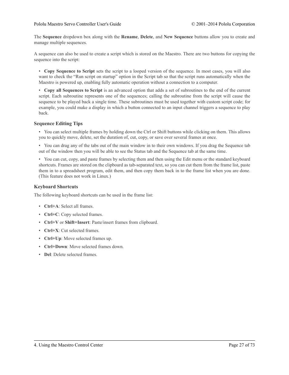 Sequence editing tips, Keyboard shortcuts | Pololu Maestro User Manual | Page 27 / 73