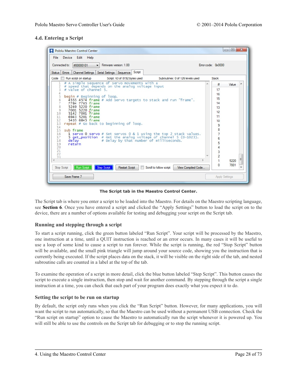 D. entering a script, Running and stepping through a script, Setting the script to be run on startup | Pololu Maestro User Manual | Page 28 / 73