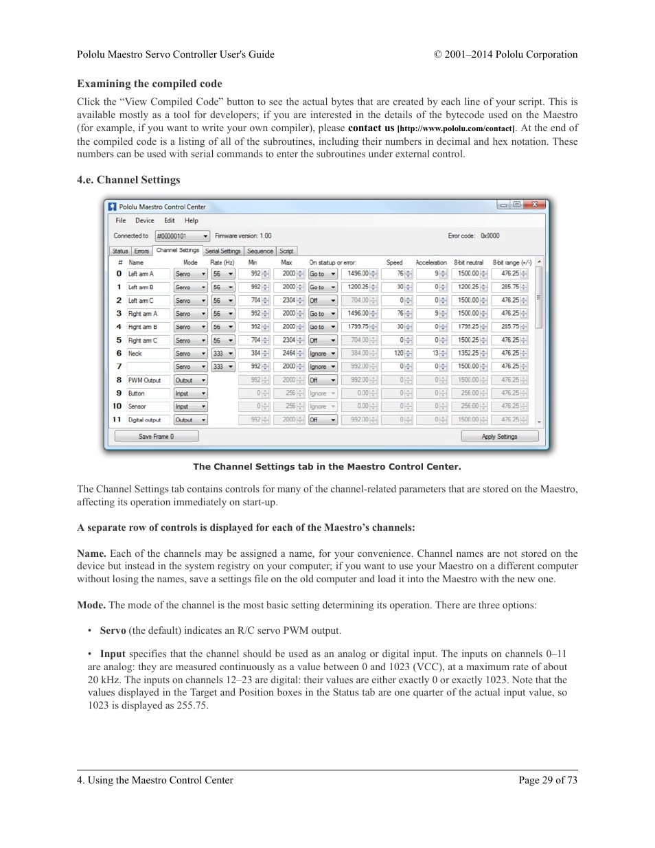 Examining the compiled code, E. channel settings | Pololu Maestro User Manual | Page 29 / 73