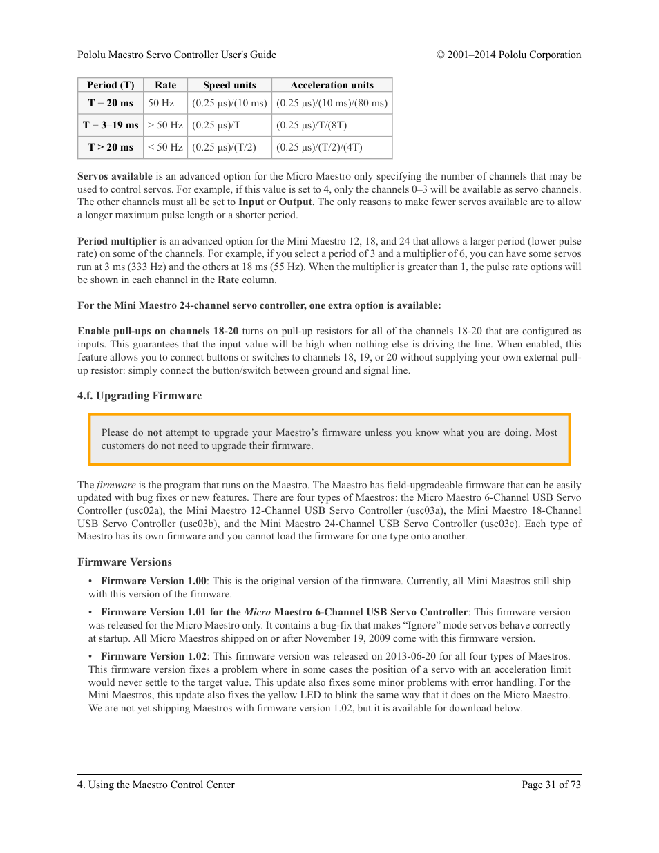 F. upgrading firmware, Firmware versions | Pololu Maestro User Manual | Page 31 / 73
