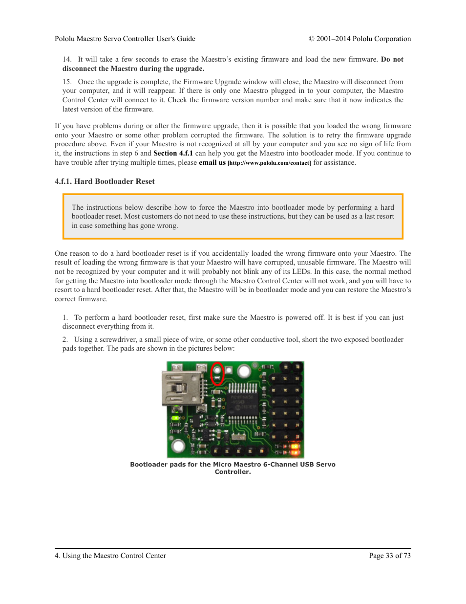 F.1. hard bootloader reset | Pololu Maestro User Manual | Page 33 / 73