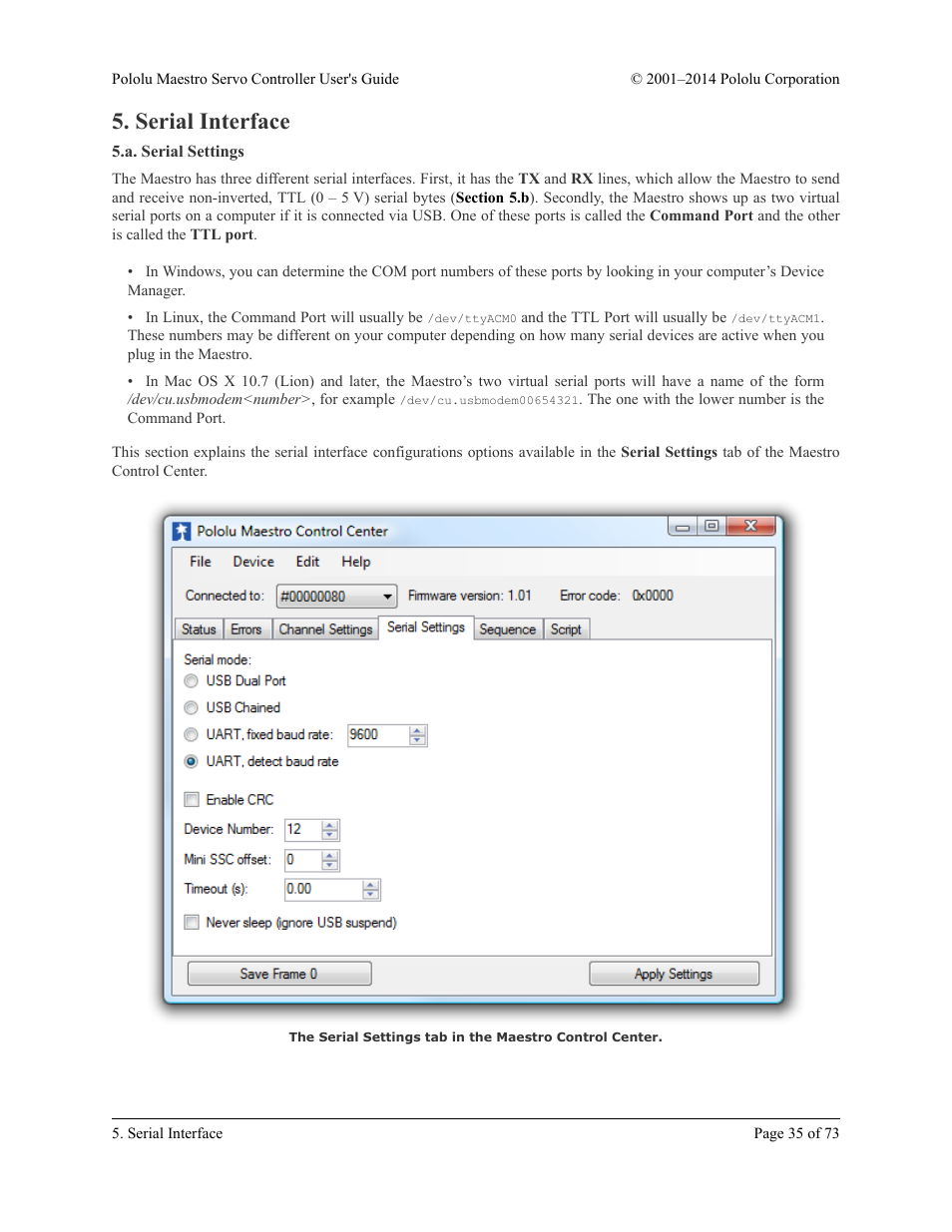 Serial interface, A. serial settings | Pololu Maestro User Manual | Page 35 / 73