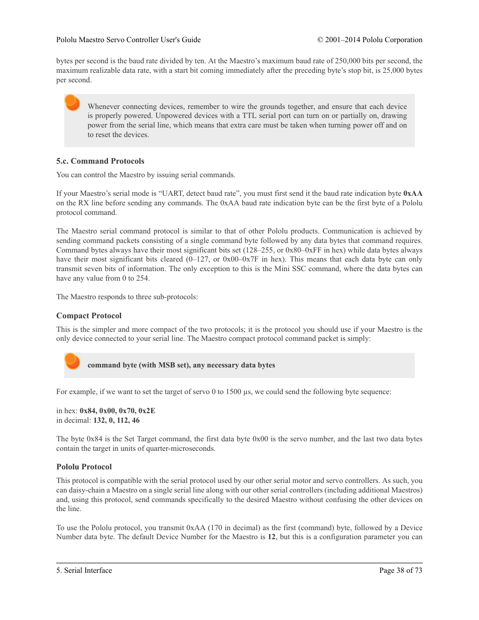C. command protocols, Compact protocol, Pololu protocol | Pololu Maestro User Manual | Page 38 / 73