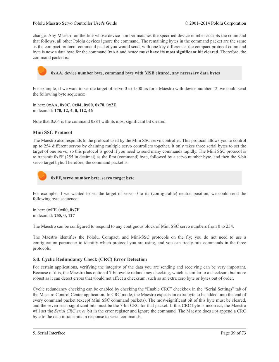 Mini ssc protocol, D. cyclic redundancy check (crc) error detection, Section 5.d | Pololu Maestro User Manual | Page 39 / 73