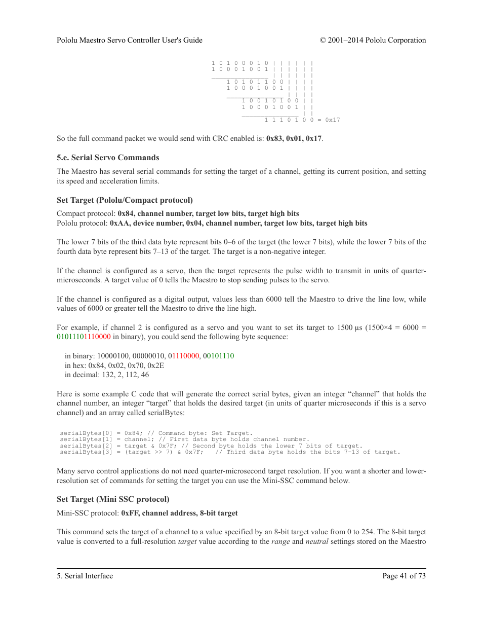 E. serial servo commands, Set target (pololu/compact protocol), Set target (mini ssc protocol) | Pololu Maestro User Manual | Page 41 / 73