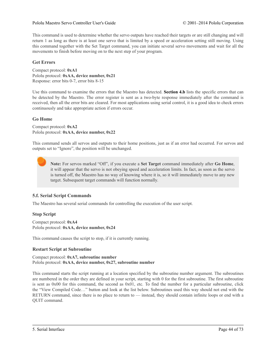 Get errors, Go home, F. serial script commands | Stop script, Restart script at subroutine | Pololu Maestro User Manual | Page 44 / 73