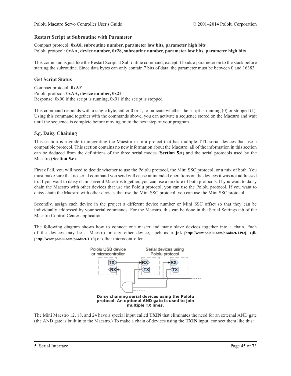 Restart script at subroutine with parameter, Get script status, G. daisy chaining | Pololu Maestro User Manual | Page 45 / 73