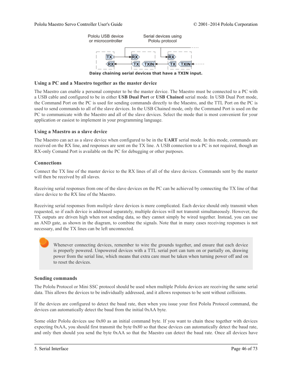 Using a maestro as a slave device, Connections, Sending commands | Pololu Maestro User Manual | Page 46 / 73