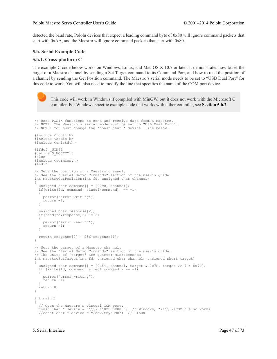 H. serial example code, H.1. cross-platform c, H. serial example code 5.h.1. cross-platform c | Pololu Maestro User Manual | Page 47 / 73